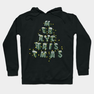 Merry Christmas written in the shape of a tree with some Christmas lights Hoodie